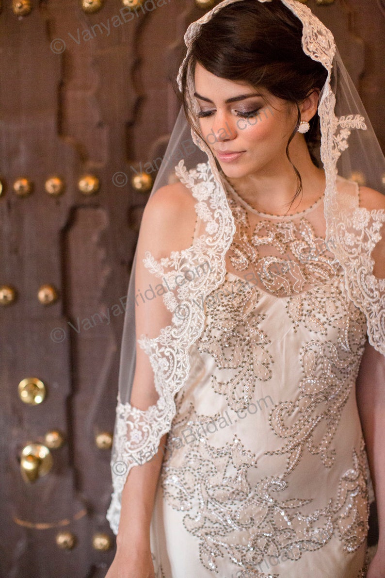 Beaded Lace Wedding veil Catholic bridal beaded lace veil 90 long with high end exclusive lace edge mantilla style Spanish veil