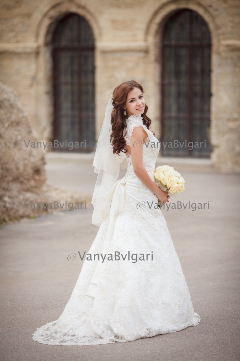 Two tier lace wedding veil with beaded wide lace in fingertip length, two layers bridal lace veil with blusher and gathered top on a comb image 1