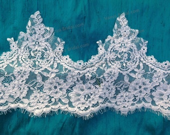 Chantilly lace with eyelashes and scalloped edge for bridal dresses and wedding projects. Re-embroidered lace for sewing and craft  projects