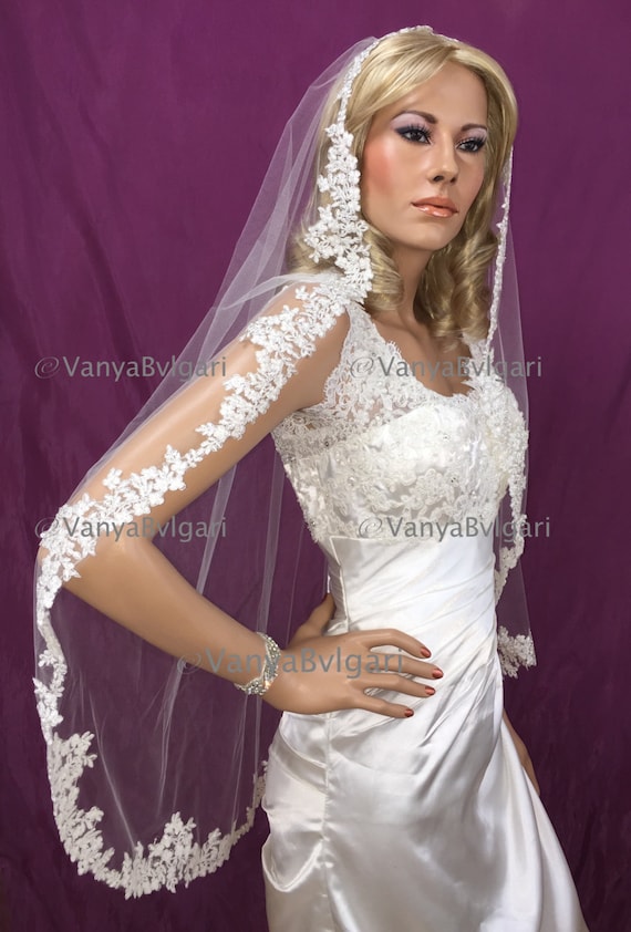 SHORT3 Beaded Lace Bridal Veil, Fingertip–Waltz Length, Hand-Sewn Appliqué, Modest Hijab Option main image 1