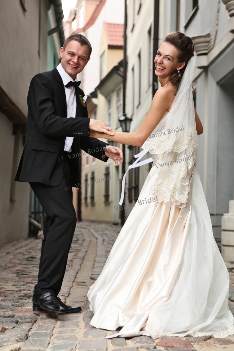 Two tier lace wedding veil with beaded wide lace in fingertip length, two layers bridal lace veil with blusher and gathered top on a comb image 2