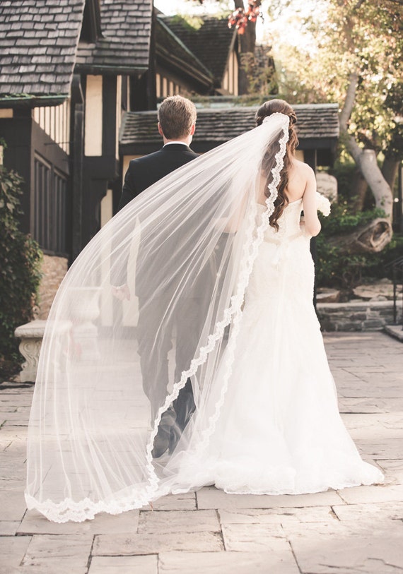 Long Cathedral Veil With Lace Edge Beaded French Alencon Lace 