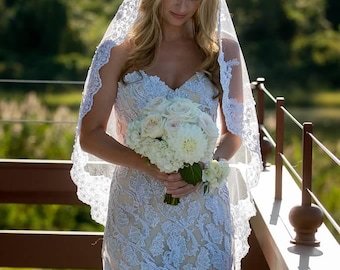 Cathedral Wedding Veil: Alencon Lace Edge, Rose Pattern, Handmade in USA