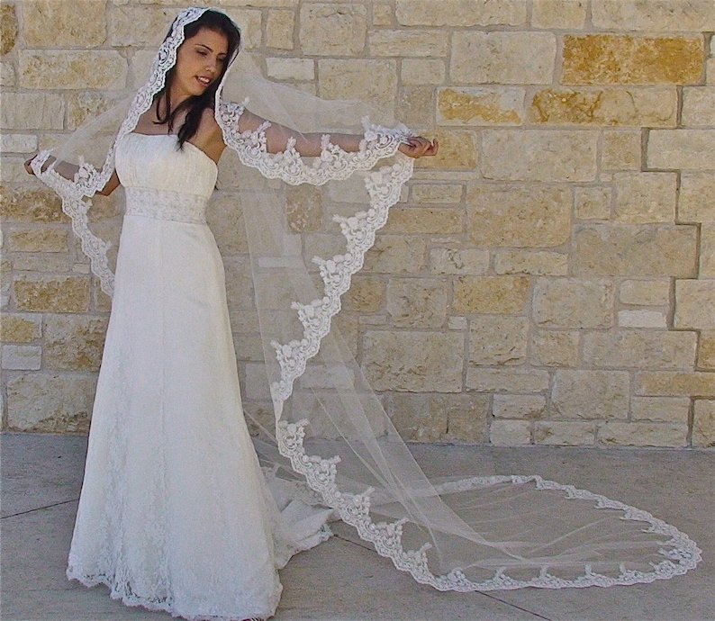 classic mantilla look Cathedral lace Mantilla veil with Beaded Lace edge veil in Spanish style for Catholic style wedding
