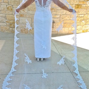 Lace Veil, two tiers cathedral length with flower appliqués and curly edge top layer, accept custom orders