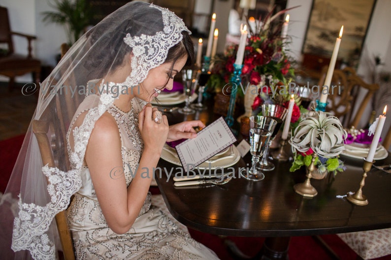 Cathedral lace veil Mantilla in Spanish classic style, Lace veil with beaded lace edge design in Champagne Cream color, Wedding alencon veil image 4