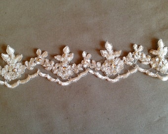 Alencon trim lace beaded with sequences white or ivory, 2" width