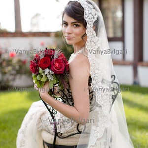 Cathedral lace veil Mantilla in Spanish classic style, Lace veil with beaded lace edge design in Champagne Cream color, Wedding alencon veil image 2