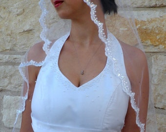 Cathedral Lace Bridal Mantilla Veil, Beaded Scalloped Edge, 120"