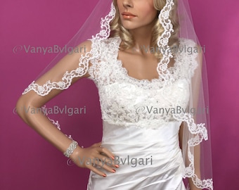 Cathedral Mantilla Spanish veil with swirl lace edge design with beads and sequences in Spanish style for Catholic wedding, bridal lace veil