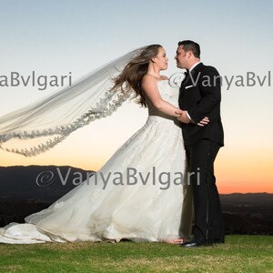 Cathedral wedding veil with Chantilly lace edge gathered top on a hair comb, bridal lace veil in classic style, Mantilla lace veil