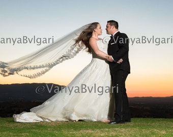 Cathedral wedding veil with Chantilly lace edge gathered top on a hair comb, bridal lace veil in classic style, Mantilla lace veil