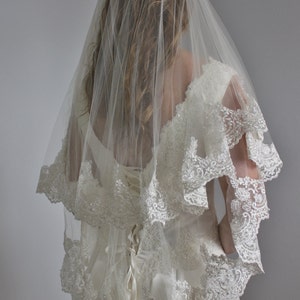 Lace veil in two layers fingertip with beaded wide lace and second tier could be used as a blusher, two tier lace veil with silver or gold image 2