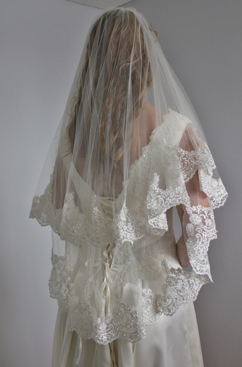 Lace veil in two layers fingertip with beaded wide lace and second tier could be used as a blusher, two tier lace veil with silver or gold image 2