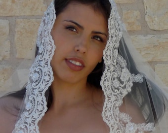 Cathedral Veil, Mantilla - Beaded Lace  with SILVER or Gold thread on the embroidered edge, Spanish wedding veil, Bridal Catholic lace veil