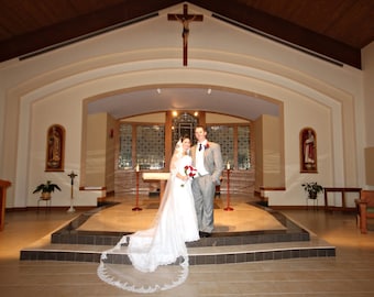 Wedding veil in Cathedral length in Spanish style, wide Cathedral mantilla bridal veil with luscious lace edge with beaded lace & sequences