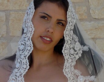 Cathedral Bridal Veil Mantilla - Beaded Lace, Spanish lace veil, Catholic lace veil,  SILVER thread on white or Ivory, Gold thread on ivory