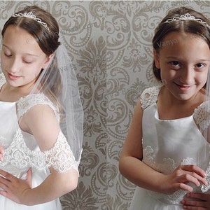 Kommunion Schleier einlagig mit Perlen Spitzenkante, Bestätigung Spitzenschleier, Blumenmädchen Hochzeitsschleier aus Spitze, Kinder Brautschleier