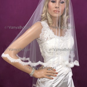 Twigs & Honey Silk Tulle Alencon Lace Trim Veil - Style #222 108 Train and 26 Blusher