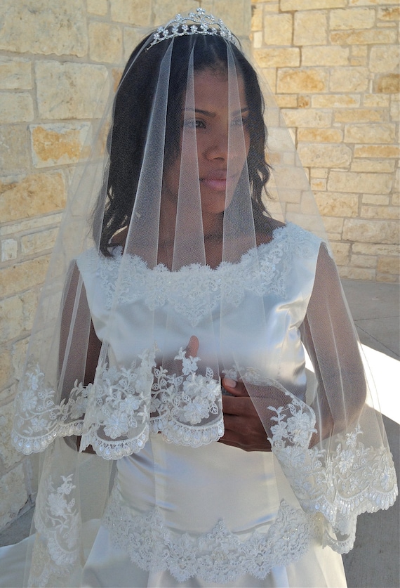 Lace Veil Mantilla Beaded Lace CATHEDRAL LENGTH With Blusher  display picture 1