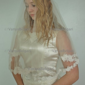 Lace veil in two tier fingertip length  with beaded round flowers  lace edge, classic bridal veil with Blusher in two layers, popular veil