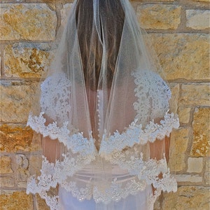 Two tier lace veil, Beaded Alencon lace veil in fingertip with beaded scalloped lace edge with eyelashes, two layers lace wedding  veil