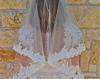 Two tier lace veil, Beaded Alencon lace veil in fingertip with beaded scalloped lace edge with eyelashes, two layers lace wedding  veil