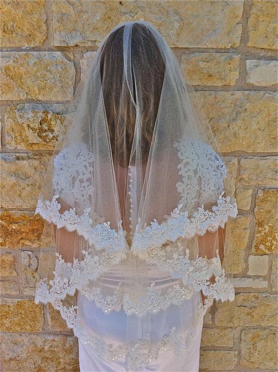 Fingertip Length Two-Tier Veil with Scallop Edge
