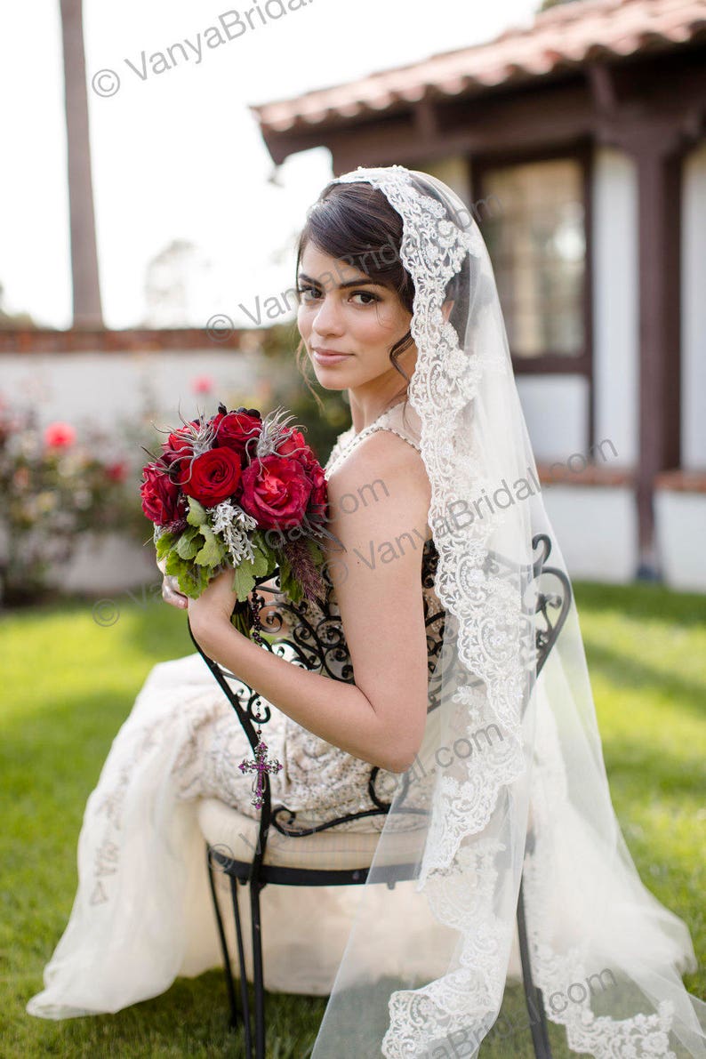 Beaded Lace Wedding veil Catholic bridal beaded lace veil 90 long with high end exclusive lace edge mantilla style Spanish veil