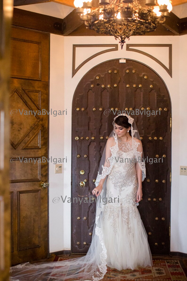 Classic Alencon lace style wedding veil bridal veil with exclusive lace edge design Cathedral veil with lace edge design with beaded lace