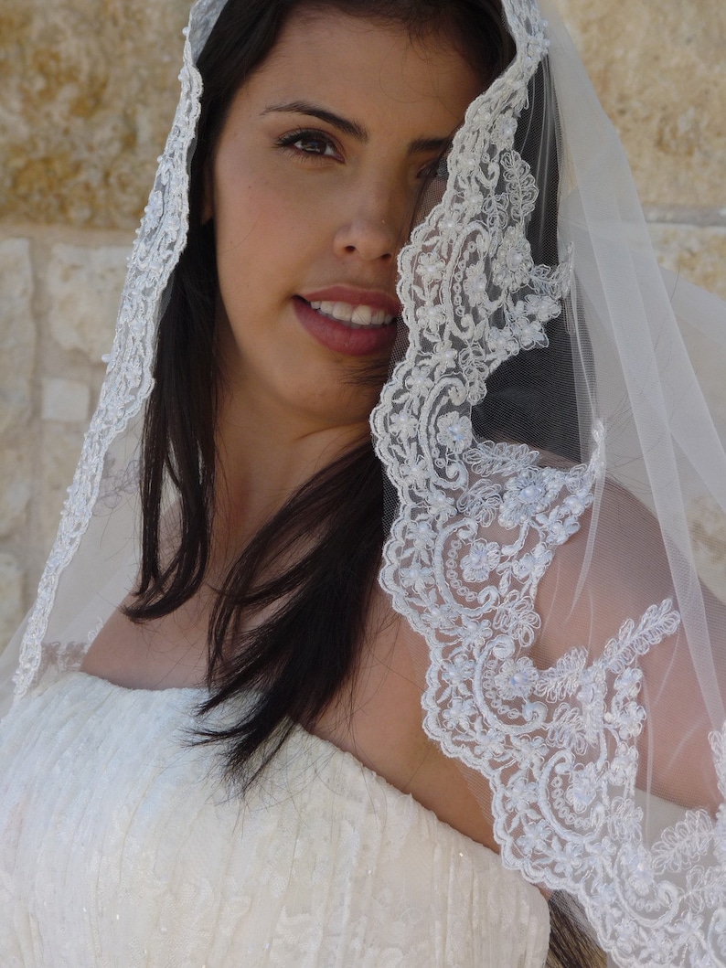 classic mantilla look Cathedral lace Mantilla veil with Beaded Lace edge veil in Spanish style for Catholic style wedding