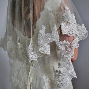 Lace veil in two layers fingertip with beaded wide lace and second tier could be used as a blusher, two tier lace veil with silver or gold image 5
