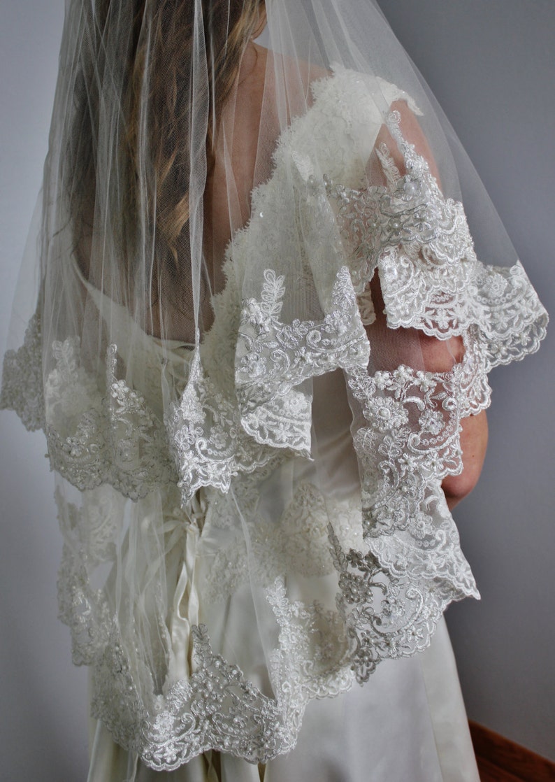 Lace veil in two layers fingertip with beaded wide lace and second tier could be used as a blusher, two tier lace veil with silver or gold image 5