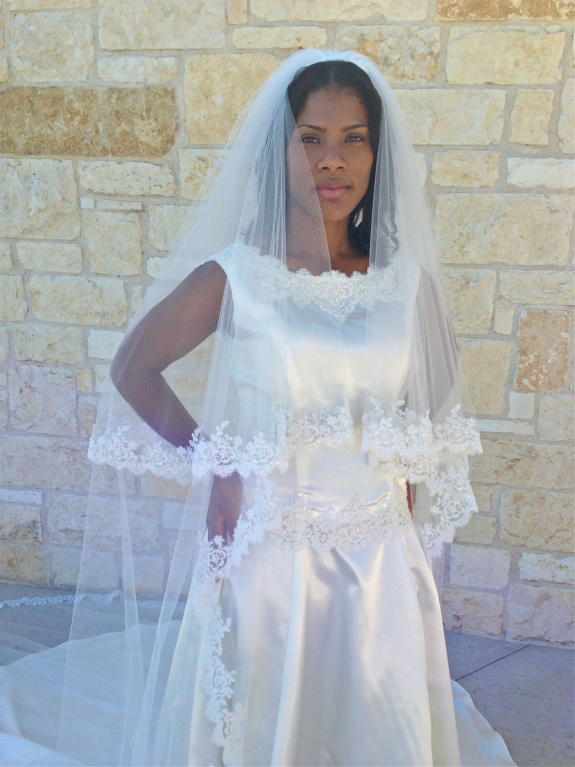 Beaded Lace Veil in Two Tiers Cathedral Length Alencon Etsy