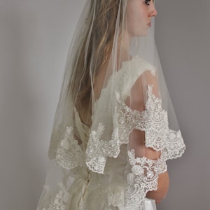 Lace veil in two layers fingertip with beaded wide lace and second tier could be used as a blusher, two tier lace veil with silver or gold image 1