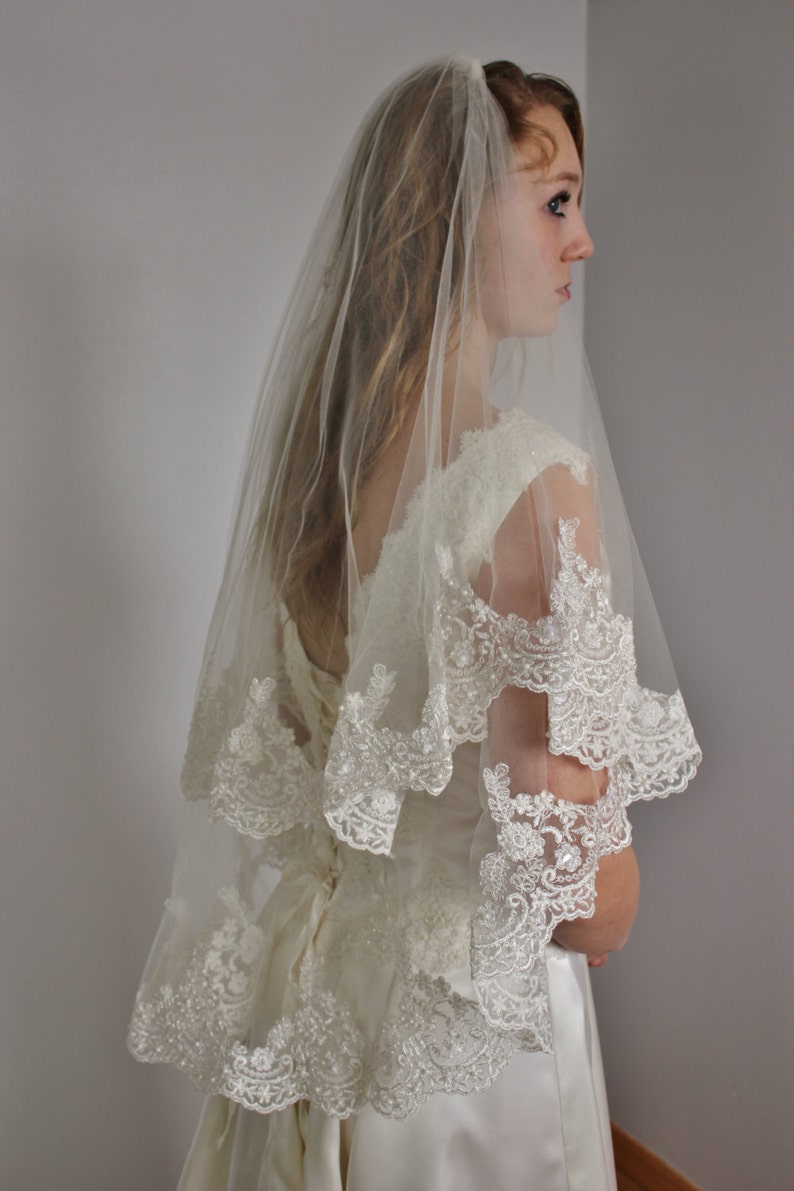 Lace veil in two layers fingertip with beaded wide lace and second tier could be used as a blusher, two tier lace veil with silver or gold image 1