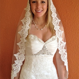Mantilla Lace veil in fingertip - Alencon Lace Wedding Veil with Original Alencon lace in white or ivory