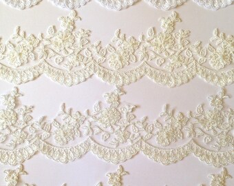 Alencon trim lace,  beaded with sequences, Re-embroidered lace alenson style, in white, silk and diamond white, ivory, Champagne 3.5" width