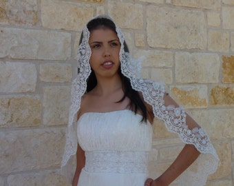 Mantilla Chapel veil for Spanish wedding in Chapel length with beaded lace edge for Catholic ceremony