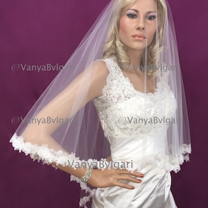 Bridal veil with blusher and rose lace edge design with beads in two layers, blusher lace veil in classic style with beaded lace edge