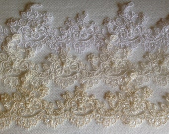 Alencon trim beaded with sequences ,bridal  lace for veils and craft projects 2.5" width in white ivory and champagne, gentle bridal trim