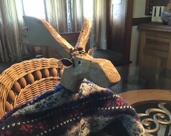 Moose doll ,carved head ,wood body ,fabric clothes