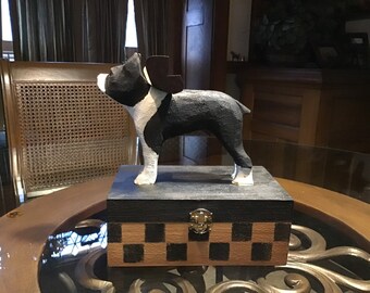 Boston terrier on box for home or to use for ashes as a memorial