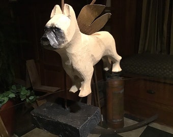 Carved French bulldog with wings and hook for home or garden or memorial