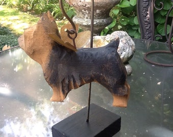 Carved  Yorkie tan and black with wing  ,hangs in garden oe home or for a memorial