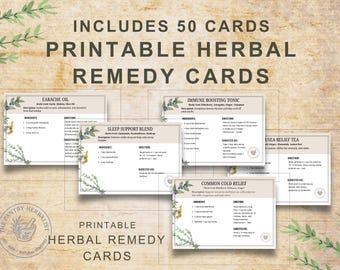 Puede incluir: Un conjunto de 50 tarjetas de remedios herbales imprimibles. Las tarjetas presentan recetas para aceite para el dolor de oídos, mezcla para el apoyo del sueño, tónico para aumentar la inmunidad, alivio del resfriado común y té de alivio de la usea. El texto incluye "Printable Herbal Remedy Cards."