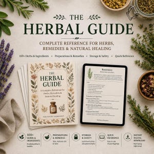 May include: A digital guide titled The Herbal Guide: Complete Reference for Herbs, Remedies & Natural Healing, displayed on a tablet screen next to a printed book cover with the same title, surrounded by sprigs of rosemary and lavender.