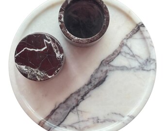 White Marble Tray with Brown Burgundy Veins, 30cm Diameter, Decorative Serving Plate