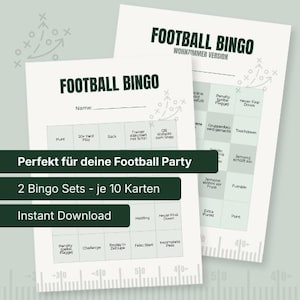 Könnte beinhalten: Zwei Football-Bingo-Spielsets auf weißem Papier mit einem grün-weißen Football-Spiel-Design. Der Text auf den Bingokarten enthält "Football Bingo" und "Sofort-Download". Die Bingokarten sind für eine Football-Party konzipiert.