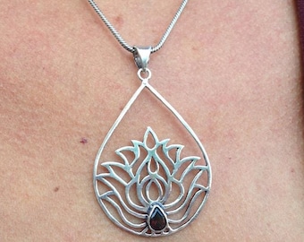 Silver Lotus Necklace with Garnet Crystal / Lotus Pendant / Silver Lotus Flower Buddhist Necklace or Yoga Jewelry - N209